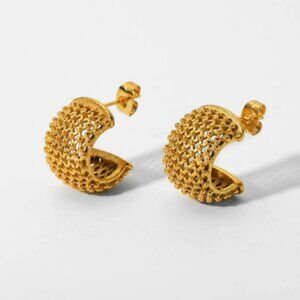Funky Grid CC Shape Hoop Earrings 18K Gold Plated Stainless Steel Women